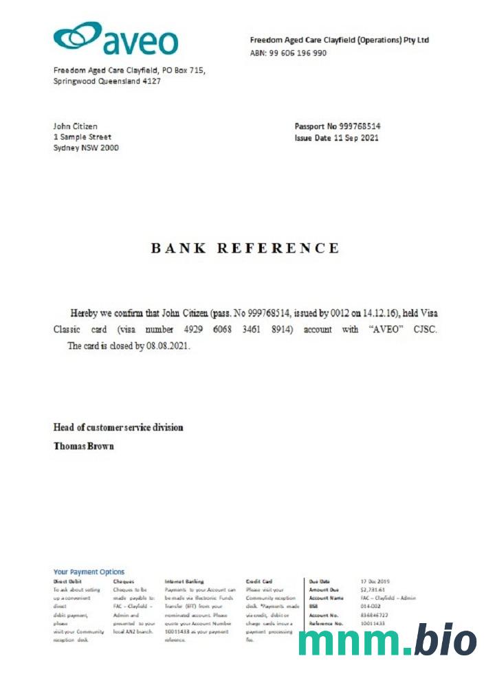 Australia Aveo zamknięcie przykład odniesienia w formatach Word i PDF